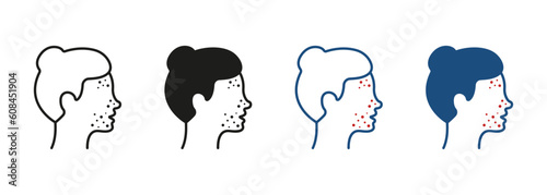 Girl with Pimples on Face Line and Silhouette Icon Set. Woman with Blackhead, Acne, Rash Pictogram. Dermatologic Problem, Allergy, Skin Inflammation Symbol Collection. Isolated Vector Illustration