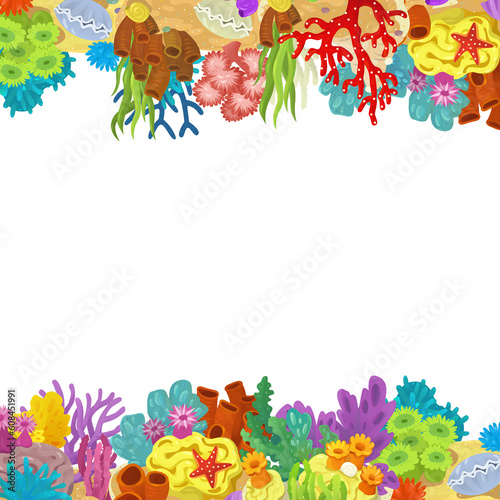 cartoon scene with coral reef garden isolated element frame border for text illustration for children