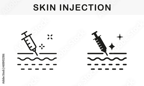 Skin Injection Line and Silhouette Icon Set. Medical, Dermatology Treatment Vaccine, Filler, Hyaluronic Acid Symbol Collection. Syringe and Structure of Skin Pictogram. Isolated Vector Illustration