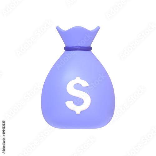 Purple money bag icon with white dollar sign on white background. Minimalist cartoon style. Concept of business  financial investment or savings. 3d render illustration