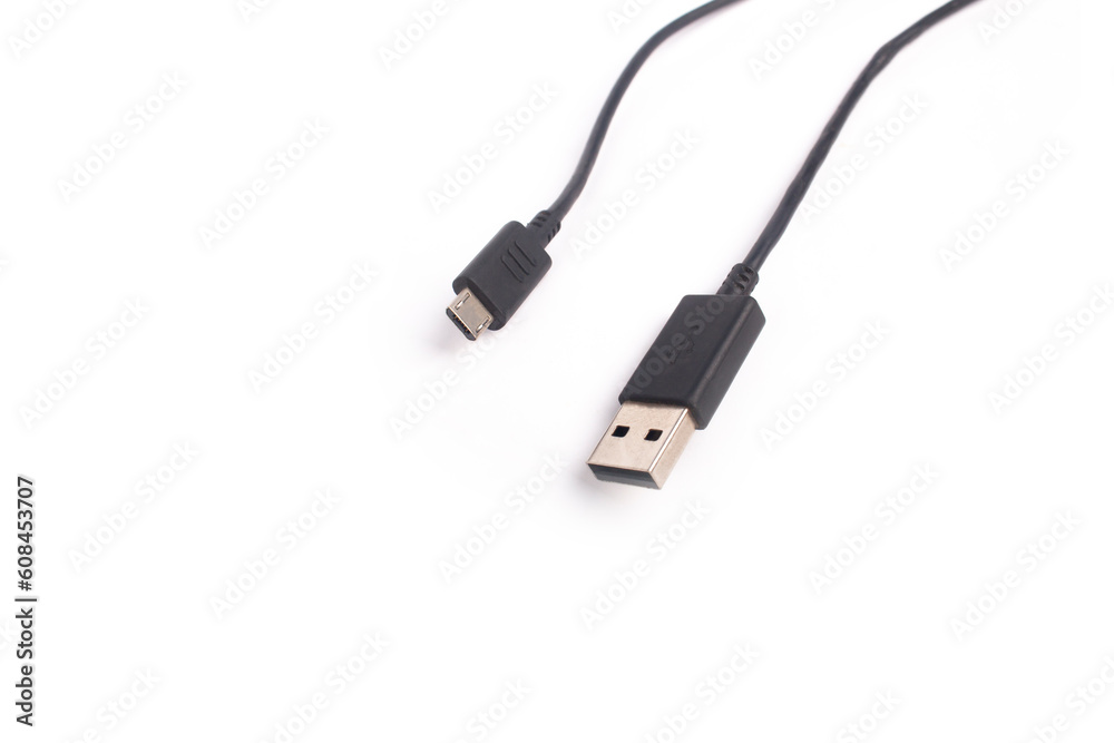 the end of a cellphone charging cable on a white background the end of a cellphone charging cable on a white background