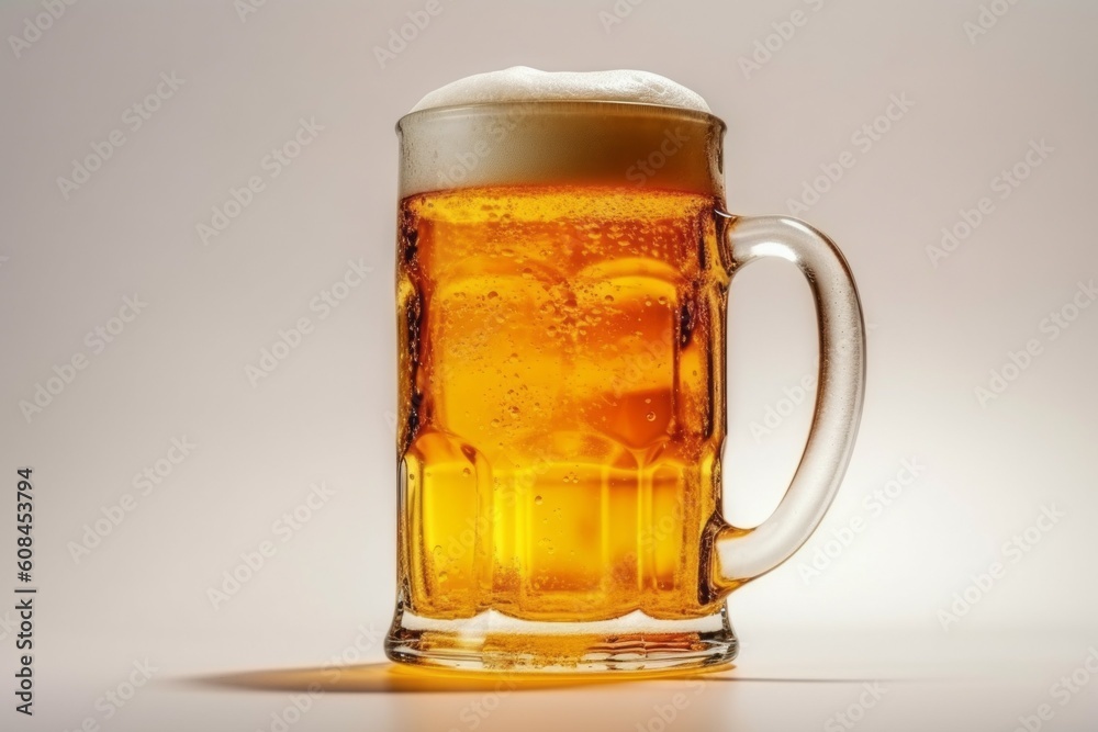 A glass of beer on a light background with selective focus. AI generated, human enhanced. A glass of beer on a light background with selective focus. AI generated, human enhanced.