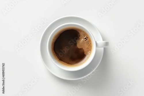 Cup of morning coffee on a light background with selective focus. AI generated, human enhanced.