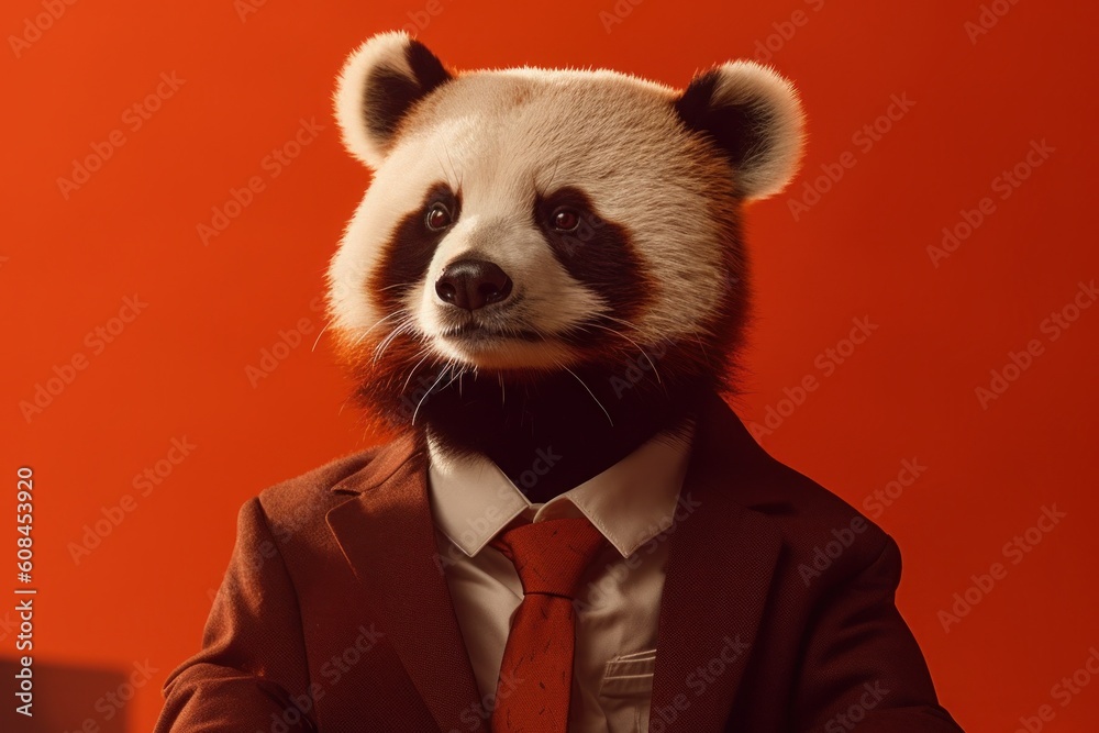 Anthropomorphic panda dressed in a suit like a businessman. Business Concept. AI generated, human enhanced Anthropomorphic panda dressed in a suit like a businessman. Business Concept. AI generated, human enhanced