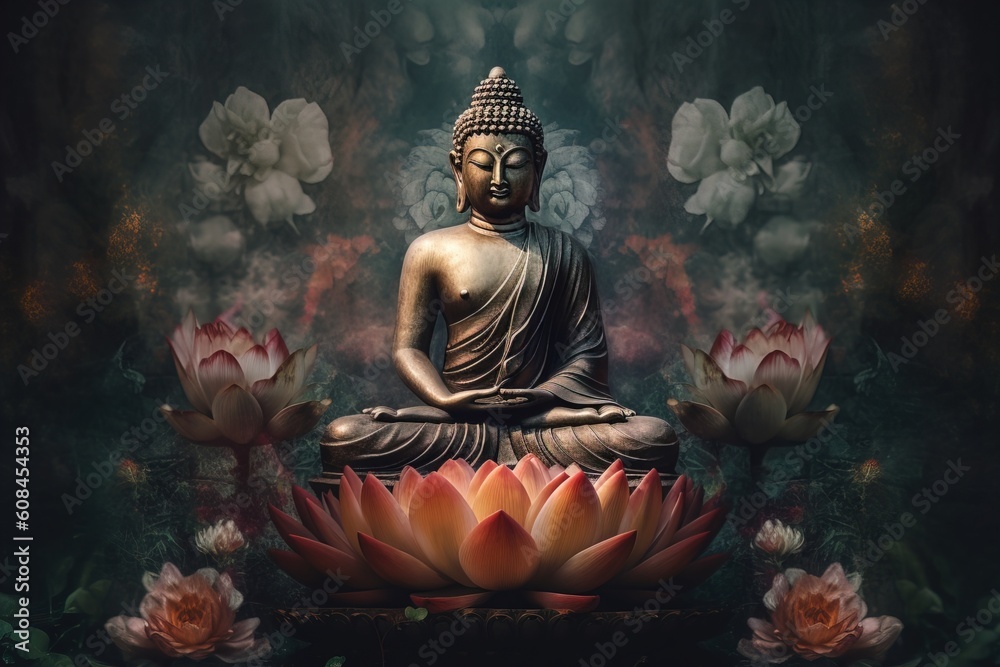 Buddha sitting on a lotus flower - obrazy, fototapety, plakaty 
