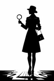 Silhouette of detective woman with magnifying glass