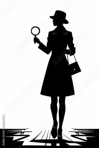 Silhouette of detective woman with magnifying glass