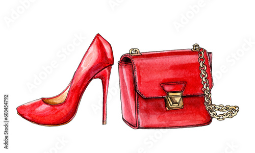 red high heel shoes and bag luxury glamour watercolor fashion set isolated on white