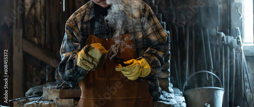 Blacksmith applying wax to a manually forged metal object in a rustic workshop 