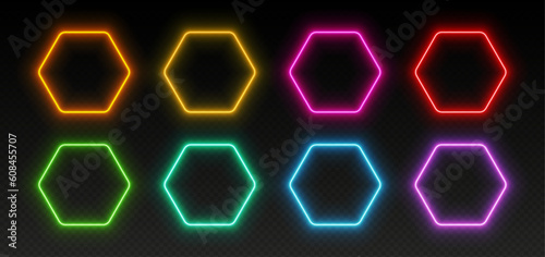 Neon hexagon frames, glowing borders set, colorful futuristic UI design elements. Vibrant glowing hexagonal shapes, modern signs, colorful avatar frames isolated on dark backdrop. Vector illustration.