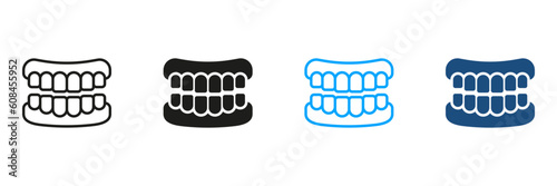 False Tooth, Teeth Prosthesis Pictogram. Human Jaw Anatomy with Teeth Silhouette and Line Icons Set. Healthy Smile, Oral Hygiene, Dental Treatment, Dentistry Sign. Isolated Vector Illustration