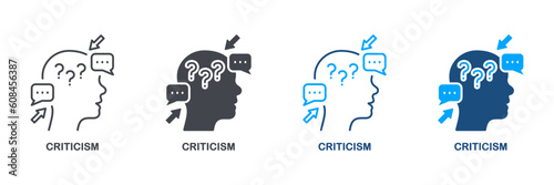 Critic Thinking, Intellectual Process Symbol Collection. Critical Review, Criticism Pictogram. Frustrated Human, Angry Swear and Complain Silhouette and Line Icon Set. Isolated Vector Illustration