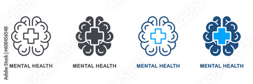 Mental Health Silhouette and Line Icon Set. Emotional Support Symbol Collection. Human Brain with Cross Shape, Medical Aid for Human with Psychological Disorder. Isolated Vector Illustration