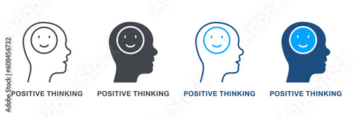 Good Emotion, Mental Health, Optimistic Person Symbol Collection. Positive Thinking and Inspiration Silhouette and Line Icon Set. Smile in Human Head Pictogram. Isolated Vector Illustration