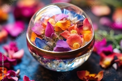 Colorful Flowers in glass ball effect with blurred Flowers background.