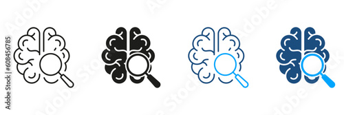 Neurology Science Exploration Black and Color Symbol Collection. Brain with Magnifier Silhouette and Line Icons Set. Medical Exam, Research of Human Mind Pictogram. Isolated Vector Illustration