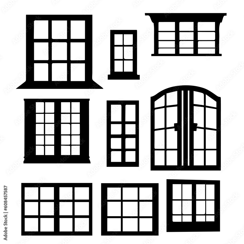 Vector illustration. Large set of Silhouettes. Window frames and windows. Vector illustration. Large set of Silhouettes. Window frames and windows.