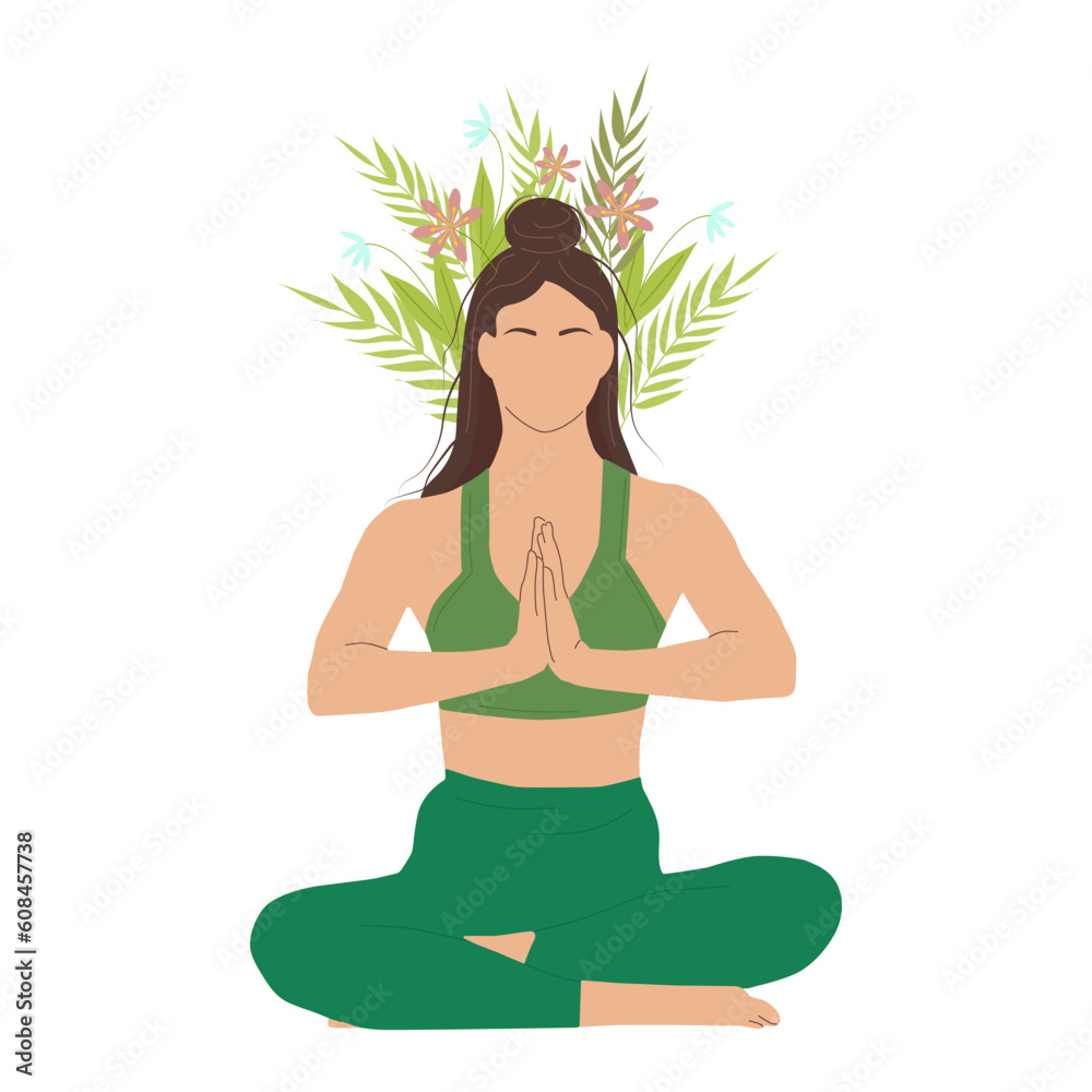 Woman meditating and relaxing, yoga. Mental health. Peace and quiet. Flowers, plants and nature. Vector illustration.