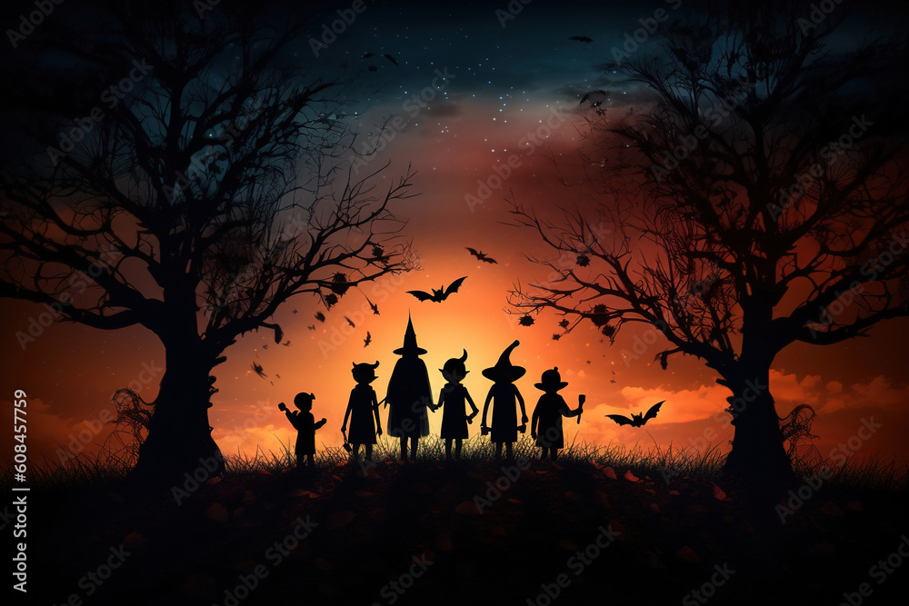 Illustration of silhouette of kids in Halloween at dusk. Generative AI