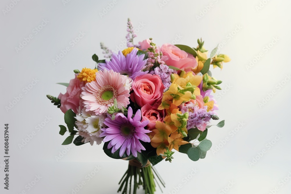 Colorful bouquet of flowers over white background. Generative AI