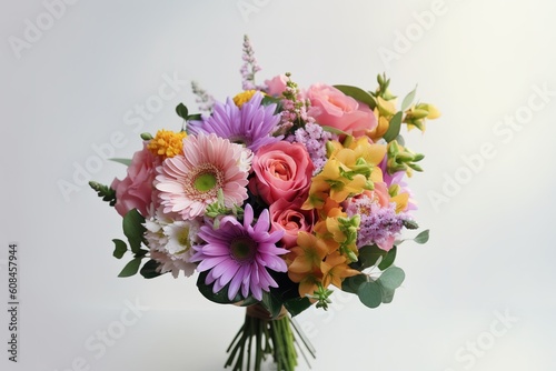 Colorful bouquet of flowers over white background. Generative AI
