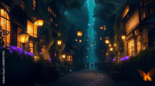 Fantasy village at night, fireflies, illustration 