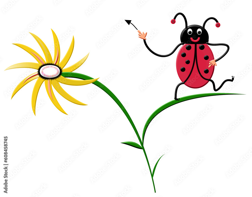 Illustration of a cheerful advertising ladybug on a flower. Cute ladybug bug on a dandelion. Isolated. Object transparent file available. PNG.