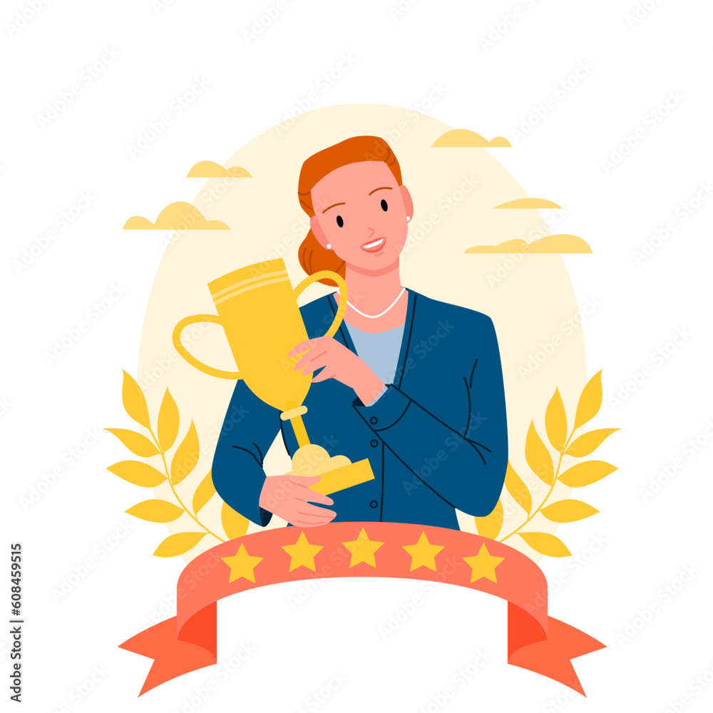 Best employee with golden trophy cup, award medal for winner of corporate work competition vector illustration. Cartoon isolated woman office worker inside recognition gold laurel wreath and ribbon Best employee with golden trophy cup, award medal for winner of corporate work competition vector illustration. Cartoon isolated woman office worker inside recognition gold laurel wreath and ribbon
