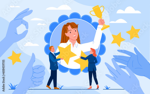 Best employee with golden trophy cup vector illustration. Cartoon tiny colleagues give stars to female employee of month or year with award goblet, hands of people clap with support, recognition