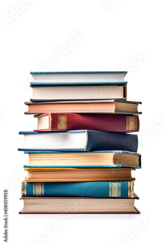 Stack of old books over white background. Generative AI