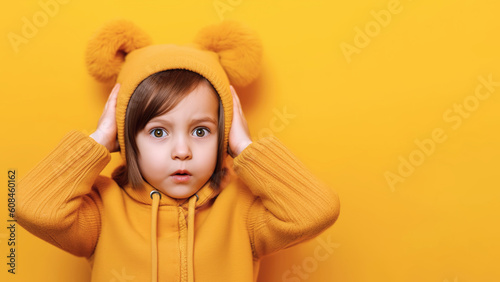 Surprised little girl in yellow holding her head shock.Generative AI