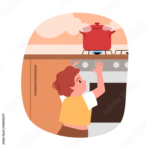 Danger to child in kitchen vector illustration. Cartoon cute baby boy playing near hot pot of boiling water on stove, burn risk and accident, dangerous kids curiosity while parent cooking in kitchen