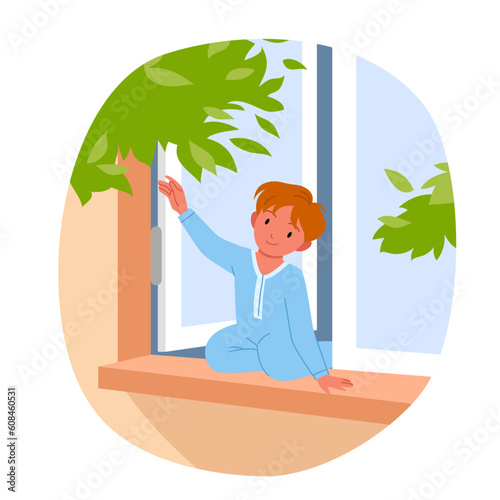 Danger of child falling out of open window vector illustration. Cartoon baby boy in romper sitting on windowsill of home apartment, risk attention of falls and injury for playing careless kid
