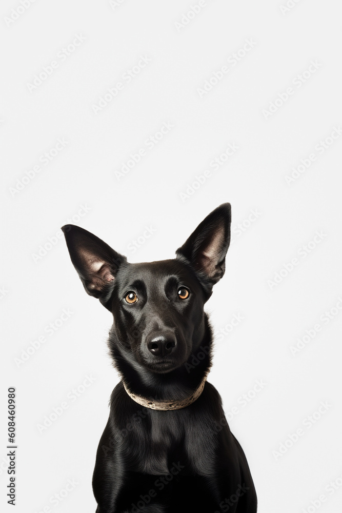 Cute black dog portrait over white background. Generative AI vertical shot