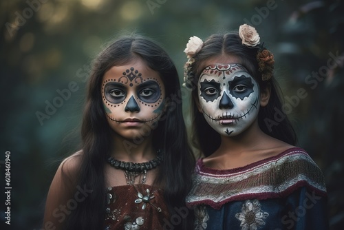 Cute Latina girls with face painted with skull sugars for Dia de los Muertos. Generative AI