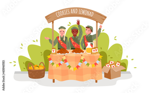 Cartoon happy boys and girl standing at small marketplace stall of fair or festival shop and waving. Young people sell traditional cookies and fresh lemonade at charity market vector illustration