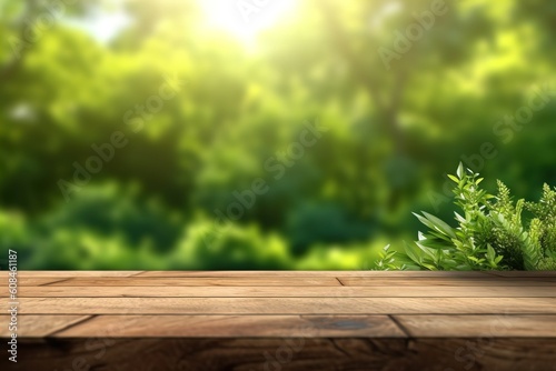 Wood table top on nature green bokeh abstract background