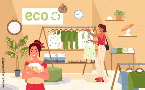 Cartoon woman holding shopping bag with eco friendly textile clothes of ethical sustainable brand, female characters choose outfit on hanger of trendy boutique. Eco fashion vector illustration