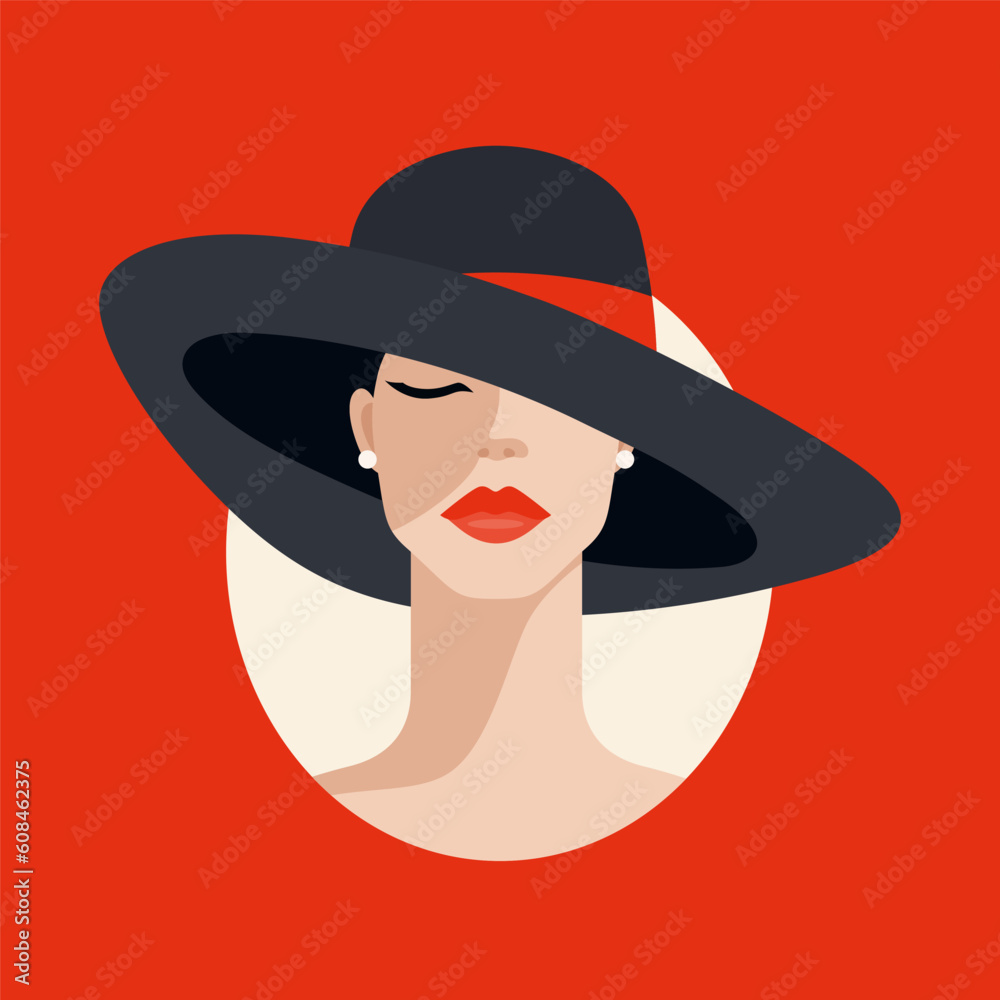 Vector Beautiful Woman with Big Hat and Red Lips in Flat Style ...