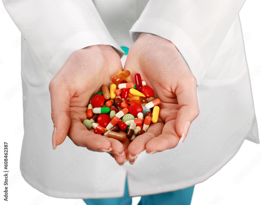 Medical Human Hand holds pile of pill Medical Human Hand holds pile of pill