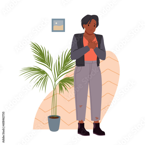 Chest pain in young woman vector illustration. Cartoon isolated sick girl suffering from symptoms of cardiovascular disease or breasts problem, palpitations and heart attack, fibromyalgia and stress