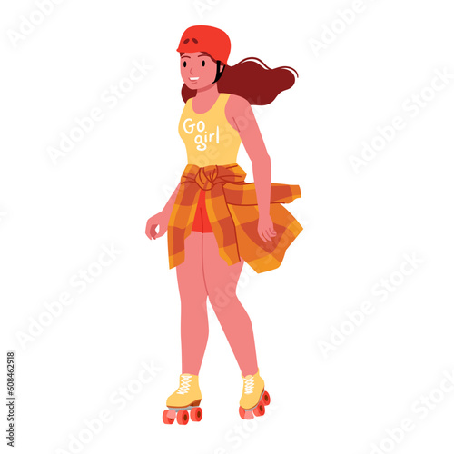 Girl in roller skates vector illustration. Cartoon isolated happy cute sporty young woman wearing boots with wheels and helmet for skating, active hobby and fun street leisure of player skater