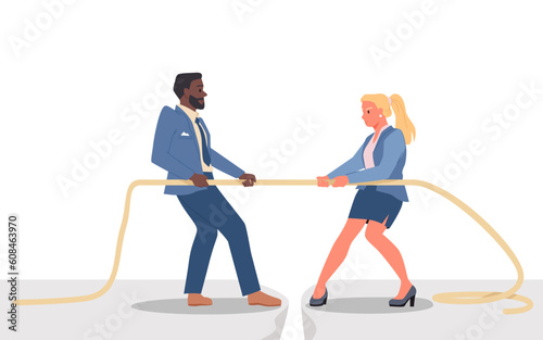 Tug of war between male and female employees, man vs woman concept vector illustration. Cartoon businessman and businesswoman in formal suits pull rope in office conflict, gender fight for equality