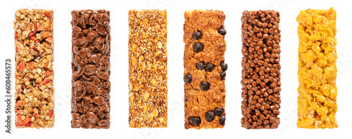 Set of cereal granola bars isolated on white background.