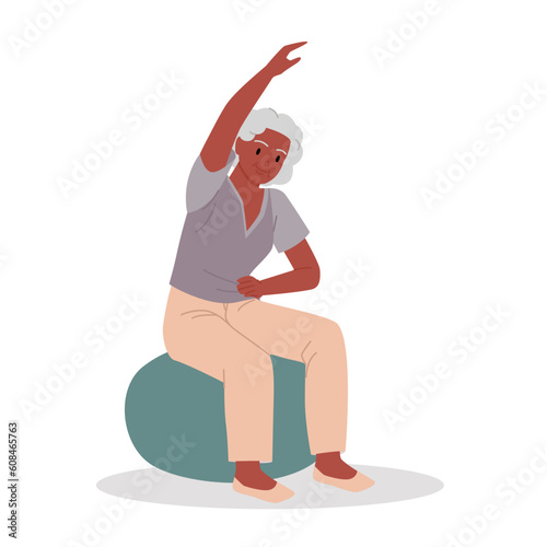 Elderly woman doing healthy physical exercise for back and neck in yoga workout vector illustration. Cartoon isolated grandmom sitting on chair to stretch, training flexible body with gymnastics