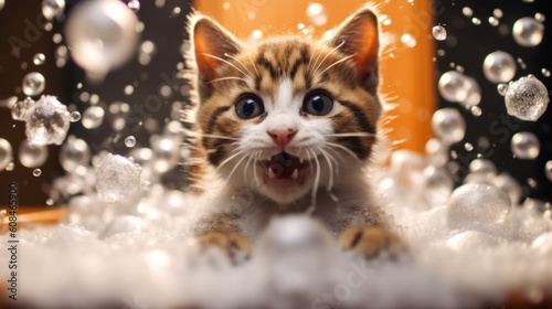 Baby cat taking a bath full of soap foam created with generative AI technology