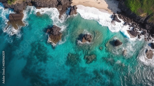 Beach as a background from top view. Summer seascape from air. Waves and azure water as a background