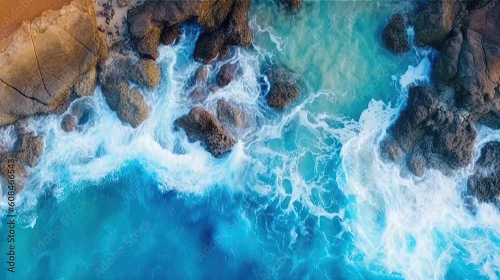 Beach as a background from top view. Summer seascape from air. Waves and azure water as a background