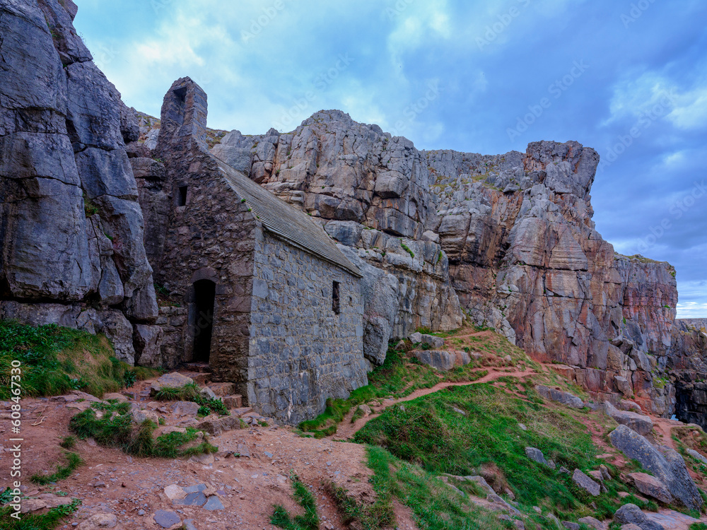 The chapel of St Govan's built into the cliffs on the Pembroke Coast