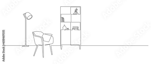 Continuous one line drawing of chair and cabinet with floor lamp. Home furniture with modern design in simple linear style. Editable stroke. Doodle vector illustration
